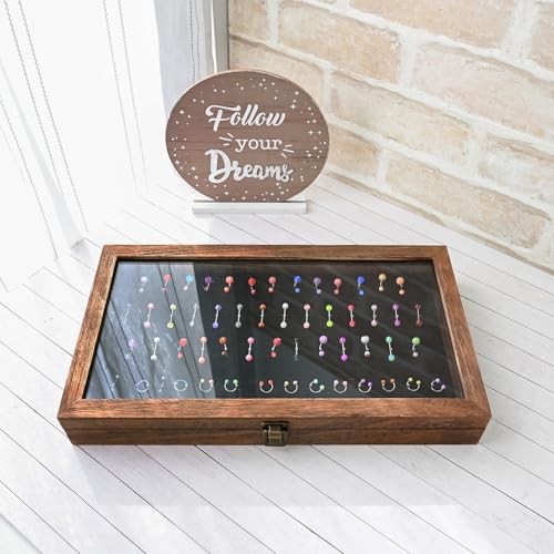 MOOCA Temper Glass Top Jewelry Display Case with Tempered Glass Lid and 54 Clip Body Jewelry Showcase Display Pad for Belly Button Rings, Tongue Rings, and Industrial Barbell Organizer, Brown Color - color: Black Pad with Brown Wood Case