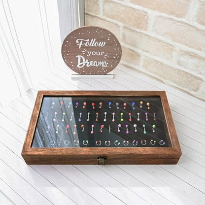 MOOCA Temper Glass Top Jewelry Display Case with Tempered Glass Lid and 54 Clip Body Jewelry Showcase Display Pad for Belly Button Rings, Tongue Rings, and Industrial Barbell Organizer, Brown Color - color: Black Pad with Brown Wood Case