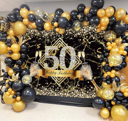 Sensfun Happy 50th Birthday Backdrop - Black Gold Marble Texture Glitter Diamonds Fabulous Birthday Photography Background Supplies - 10x7ft - size: 10x7ft