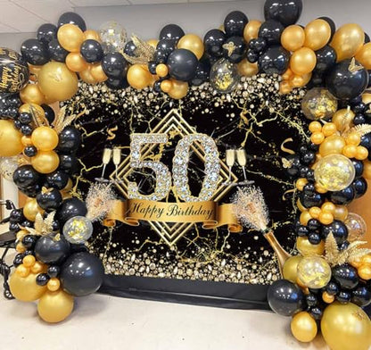 Sensfun Happy 50th Birthday Backdrop for Women Black Gold 50th Birthday Decorations Marble Texture Glitter Diamonds Fabulous 50 Years Old Photography Background Supplies Photo Props 7x5ft - size: 7x5ft