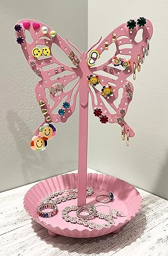 Top Brass Butterfly Earring Holder Organizer Metal Standing Jewelry Tree Display with Ring Tray (Pink) - color: Pink