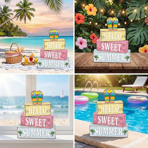 Geelin 4 Pcs Summer Decorations Wooden Sign Hello Summer Flip Flop Table Centerpiece Tiered Tray Decor Beach Farmhouse Blocks Table Top Sign for Home - style: Summer