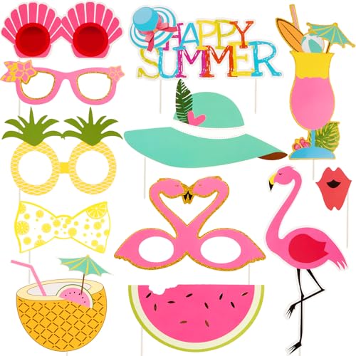 SUNBEAUTY 12 Pcs Summer Photo Booth Props Beach Summer Pool Party Decorations Luau Photo Booth Props Tropical Tiki Beach Pool Party Favors for Baby Shower, Birthday, Hawaii - color: Summer