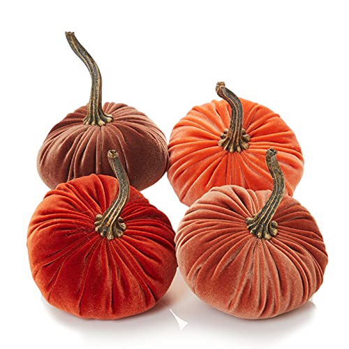 Set of 4 Small Velvet Pumpkins, orange pumpkin home decor, Halloween indoor decor, Thanksgiving centerpiece, gift set for hostess, hygge home, fall wedding decor (Bronze, Rust, Harvest, Tangerine) - color: Bronze, Rust, Harvest, Tangerine