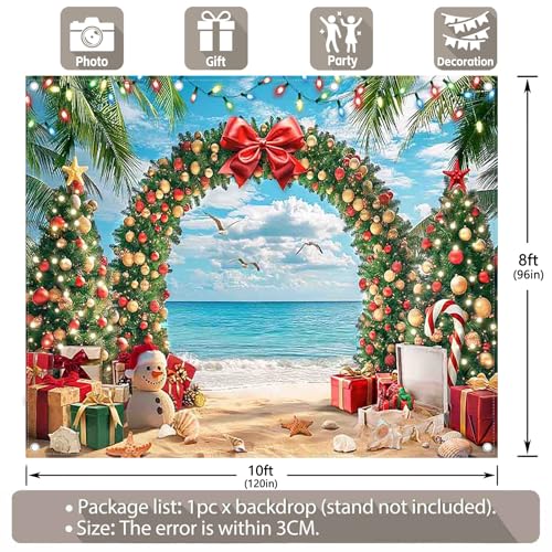 10x8ft Fabric Christmas Beach Backdrop Summer Xmas Tree Snowman Arch Seagull Tropical Hawaiian Photography Background Family Holiday Party Decor Photo Props - size: 10'x8'