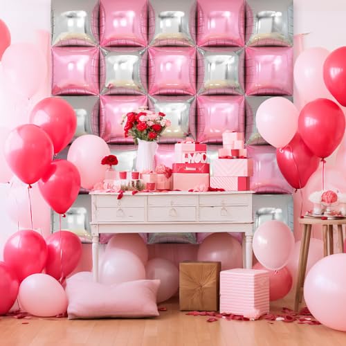 Pink Silver Square Foil Balloon Wall,25Pcs Double Sided Balloons Backdrop Helium Balloon Tunnel Arch Garland Kit for Christmas Birthday Bridal Anniversary Baby Shower Party Decorations - style: Pink Silver