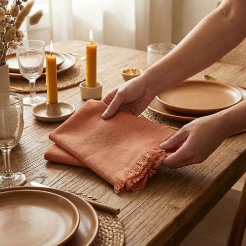 ACCENTHOME Rust Cotton Linen Napkin Set of 12 18x18 inch Dinner Napkins - Washable Soft Premium Hotel Quality Reusable Hemmed Edges Napkins Perfect Table Linens for Family Dinners, Weddings - color: 03 - Rust, size: 18"x18" - Pack of 12