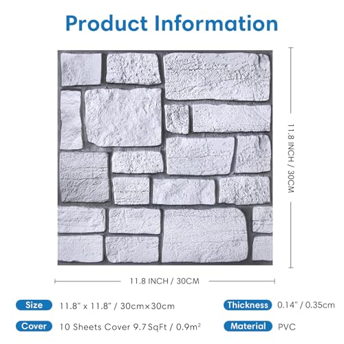 COMSTICKC 3D Faux Stone Wall Panel,Peel and Stick Tiles,10 Pcs of 12"X12",Self-Adhesive PVC Lock Stone Adhesive Black Rock Paneling Backsplash,Paintable Decorative Tile - color: Gray-3