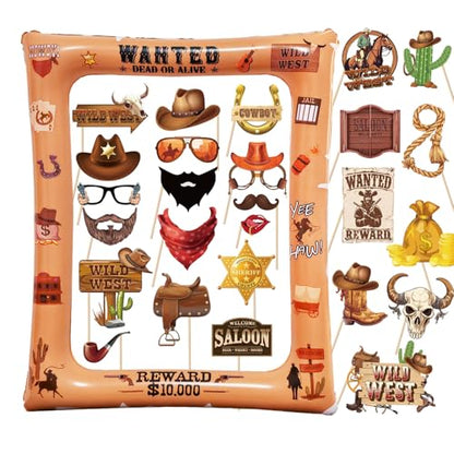 30PCS Western Cowboy Cowgirl Photo Booth Props with 1PCS Inflatable Photo Booth Frame for Wild West Themed Party,Country Party,Cowgirl Bachelorette Party,Cowboy Party Supplies - color: Western Cowboy