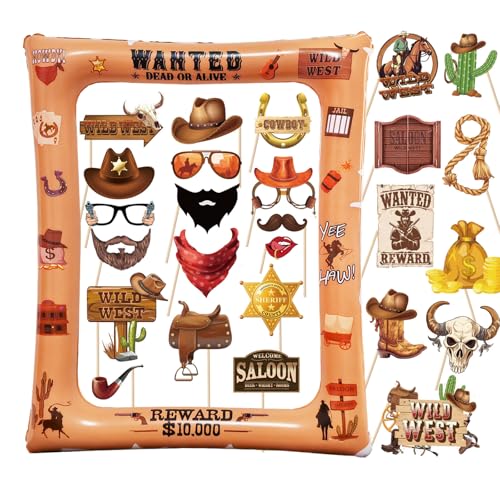 30PCS Western Cowboy Cowgirl Photo Booth Props with 1PCS Inflatable Photo Booth Frame for Wild West Themed Party,Country Party,Cowgirl Bachelorette Party,Cowboy Party Supplies - color: Western Cowboy