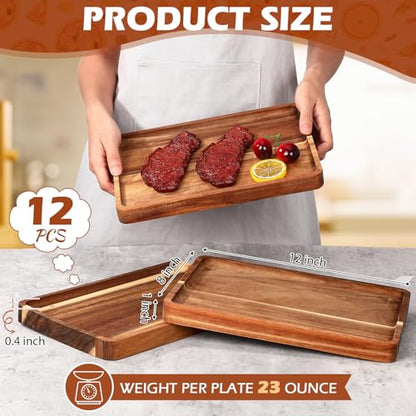Roshtia 12 Pcs Acacia Wood Serving Tray Rectangular Wooden Serving Platter Christmas Dinner Plates Wood Cheese Charcuterie Board for Food Vegetable, Charcuterie, Appetizer (8'' X 12'' X 1'') - size: 8'' X 12'' X 1''