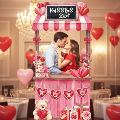 WovWeave Valentine's Day Kissing Booth Backdrop 71x35 Inch - Romantic Red Pink Heart Photography Background for Couples, Large Fabric Love Banner for Party Decorations, Indoor Outdoor Selfie Props - style: Valentine