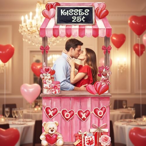 WovWeave Valentine's Day Kissing Booth Backdrop 71x35 Inch - Romantic Red Pink Heart Photography Background for Couples, Large Fabric Love Banner for Party Decorations, Indoor Outdoor Selfie Props - style: Valentine