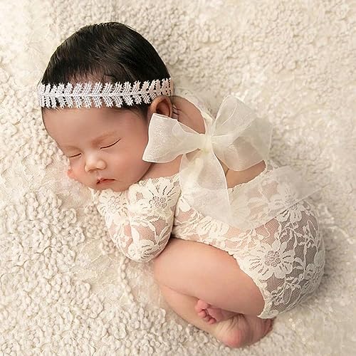 Baby Photography Props Outfit Lace Rompers Newborn Girl Photo Shoot Outfits Flower Headband Princess Costume - color: White E