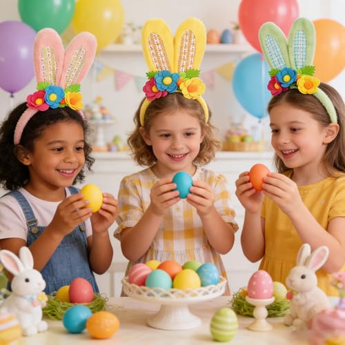 3 Pack Luxurious Easter Bunny Ears Headband Cute Plush Rabbit Ears for Kids Adult Cosplay Birthday Party Supplies - color: 3pcs Headband With Flowers-1