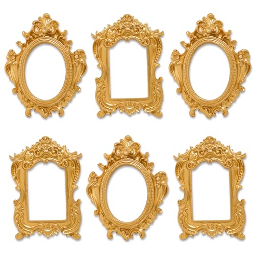 6 Pcs Mini Vintage Gold Frames, Small Picture Frames Antique Resin Photo Frame for DIY Craft Galley Wall Hanging Jewelry Display Shooting Photo Props Christmas Decor (Without Backings) - color: Brass, style: Style 2