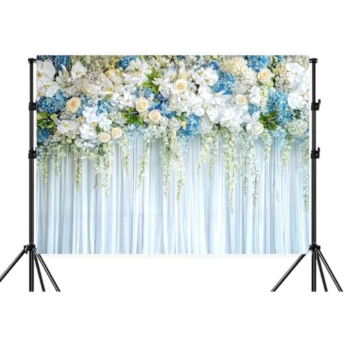 7x5ft White Rose Floral Backdrop White Blue Gold Rose Flowers Backdrop Girls Woman Birthday Party Tea Party Baby Shower Anniversary Photography Background Decor Bridal Wedding Photo Shoot Props - color: White Blue Gold, size: 7X5FT