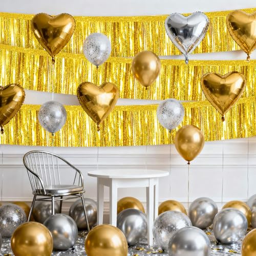 4 Packs Foil Fringe Garland Tinsel Streamers Shiny Wall Hanging Birthday Banner Backdrop for Graduation Wedding Anniversary Celebration Happy Birthday Party Decorations Glitter Gold - color: Glitter Gold