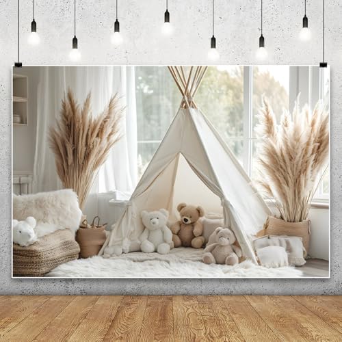 YongFoto Bear Theme Backdrop 7x5ft Tent Blanket Pampas Boho Photography Background Baby Shower Cradle Ceremony Kid Birthday Party Banner Baby Portraits Photoshoot Wallpaper Photo Studio Booth Prop - color: Style 4, size: 7ftx5ft