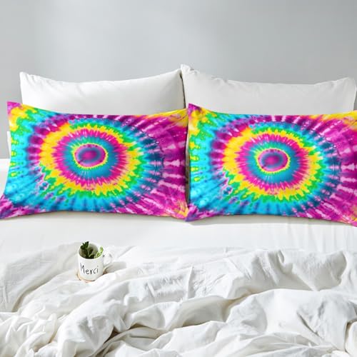 Queen Size 4-Piece Colorful Rainbow Tie Dye Sheet Set - Spiral Tie Dye Fitted Sheet, Deep Pocket, 2 Pillow Cases - color: Multi 05, size: Queen
