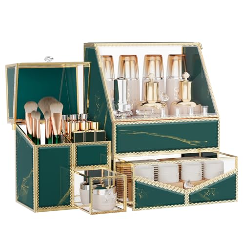 Youdepot Glass Makeup Organizer for Vanity and Bathroom Countertop – Large Cosmetic Display Case and Skincare Storage Solution - color: Green