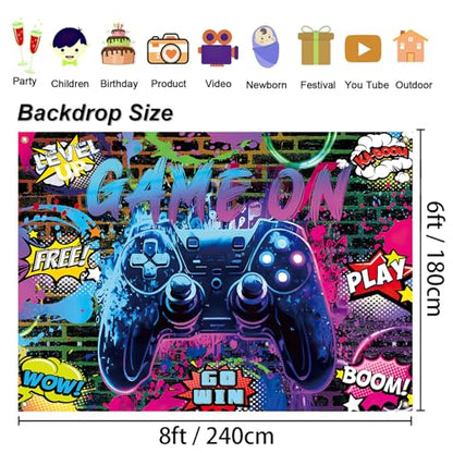 Game On Party Backdrop - 8x6ft Video Game Birthday Background Banner for Boys Kids Teens, Neon Gamer Controller Theme Party Supplies, Level Up Gaming Decorations Wall Photo Booth Prop - size: 8x6ft