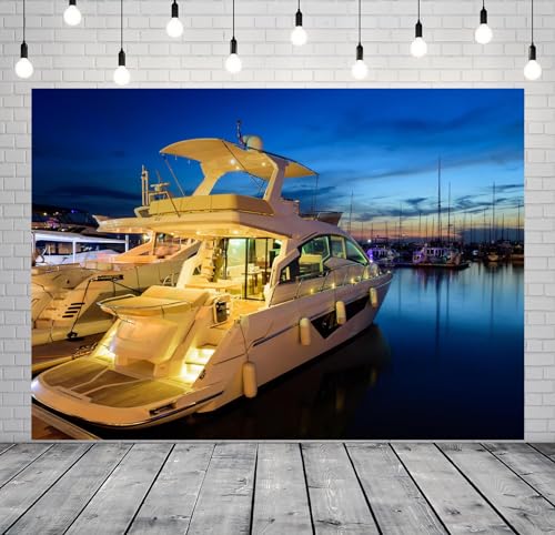 BELECO 12x10ft Fabric Luxury Yacht Backdrop Night View of Harbor and Marina with Moored Yachts and Motorboats Background for Themed Party Decorations Portrait Photoshoot Studio Props - size: 12x10ft