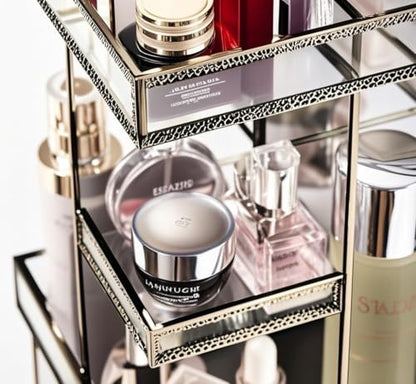 360 Rotating Glass Makeup Organizer, Spinning Vanity Cosmetic Storage with Multi-Layer Compartments, Luxury Countertop Rotating Makeup Holder for Skincare, Perfume, Cosmetics - color: Brass