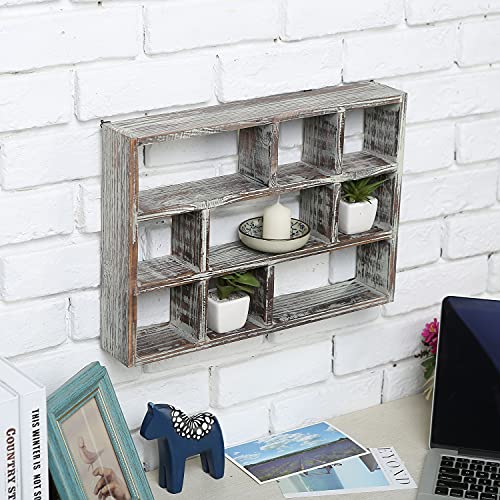 MyGift 9 Compartment Rustic Torched Solid Wood Shadow Box, Wall Mountable Curio Display Case, Freestanding or Floating Shelf for Collectible Figurines, Succulents - color: Torched Wood