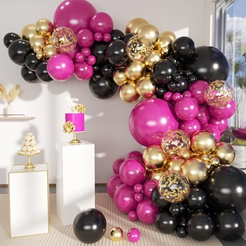 MEBAY Black Red and Gold Balloon Arch Kit, 141Pcs Matte Black Hot Pink Gold Metallic Gold Confetti Balloons for Birthday Wedding Bachelorette Gender Reveal Anniversary - color: 141-black Red