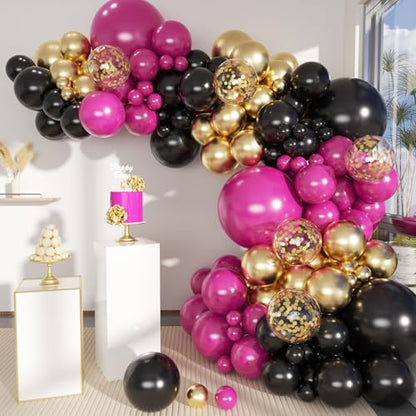 MEBAY Black Red and Gold Balloon Arch Kit, 141Pcs Matte Black Hot Pink Gold Metallic Gold Confetti Balloons for Birthday Wedding Bachelorette Gender Reveal Anniversary - color: 141-black Red
