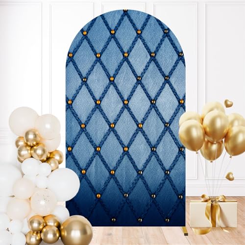 7.2FT Wedding Arch Backdrop Cover Denim Inlaid Gold Diamond Vintage Fashion Jean Textured Kid Girl Woman Spandex Fitted Round Top Backdrop Stand Cover for Ceremony Banquet Birthday Party Decoration - color: Color3, size: 7.2FT x 4FT