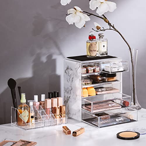 Sorbus Acrylic Makeup Organizer Set, 6-Drawer Vanity & Countertop Cosmetic Storage with Small & Wide Compartments, Marble Print Makeup Storage for Brushes, Jewelry – Holiday Gift for Women & Teens - color: Marble Print, size: 4 Large, 2 Small Drawers