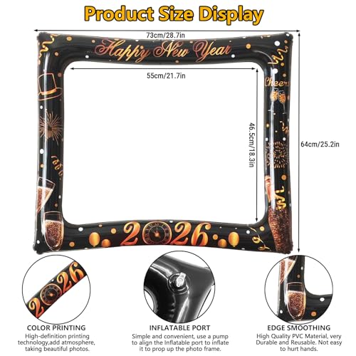 32PCS Funny New Year Photo Booth Props, Inflatable New Year Photo Booth Frame, Happy New Year Selfie Frame for New Year Party Supplies - color: Black New Year