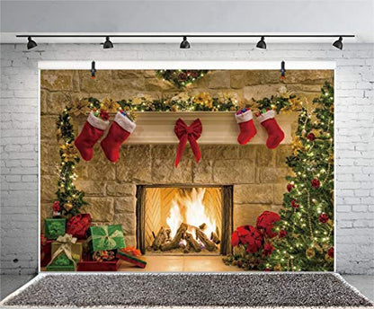 6x4ft Christmas Fireplaces Backdrop Marble Fireplace Blazing Flames Christmas Tree Stockings Photography Background Family Party Kids Adult Portraits Decor Banner Studio Photo Props - size: 6x4ft-polyester