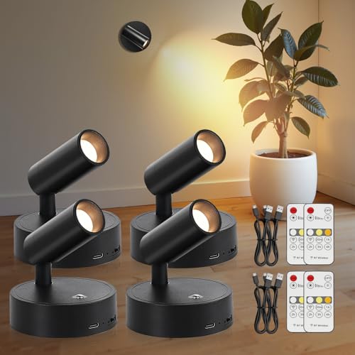 TaoFiaCo Spotlight Indoor, Wireless Battery Operated with Remote,Uplight Indoor Down Light for Picture on Wall, Plant Spotlight Dimmable Timer, Ceiling Lights Painting for Trees Plant, Black 4 Pack - color: Black, size: 4 Pack