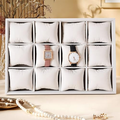 2 Pcs Velvet Watch Tray, 12 Grid Jewelry Organizer Stackable Tray Watch Bracelet Bangle Display Holder with Adjustable Pillows for Woman Man (Beige)