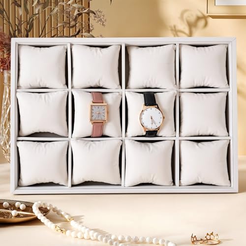2 Pcs Velvet Watch Tray, 12 Grid Jewelry Organizer Stackable Tray Watch Bracelet Bangle Display Holder with Adjustable Pillows for Woman Man (Beige)