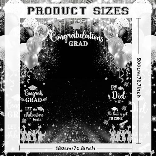 MEHOFOND Class of 2026 Graduation Congrats Grad Backdrop Black Photo Props Prom Booth Background with Congrats Sign for Graduate Party Decorations Graduation Favors Supplies - color: Silver