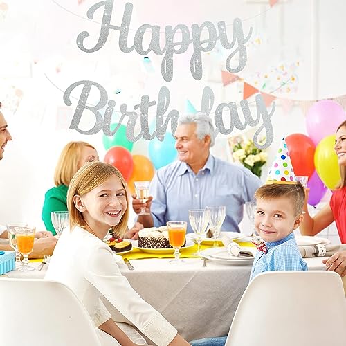BEISHIDA Happy Birthday Banner - NO DIY,Silver 10Feet Pre-Strung-Glitter Birthday Sign Garland Backdrop Decorations for Women men Party - color: silver