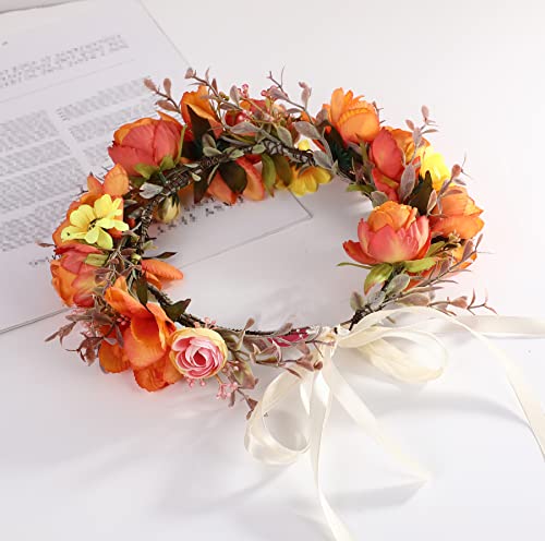 Wedding Floral Crown Women Floral Headband Flower Halo Flower Crown Bridal Party Cosplay Halloween Costume Photos - color: light orange