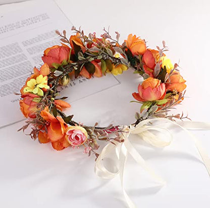 Wedding Floral Crown Women Floral Headband Flower Halo Flower Crown Bridal Party Cosplay Halloween Costume Photos - color: light orange