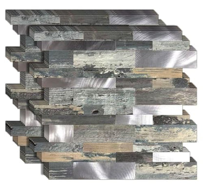 10-Sheet Peel and Stick Backsplash Tile, PVC Mixed Meta,l Stick on Kitchen, Bathroom Vanities, Fireplace Décor, Laundry Table(11.2" X 12.7") (10, Wooden Green+Frosted Silver) - color: Wooden Green+Frosted Silver