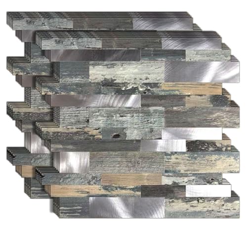 10-Sheet Peel and Stick Backsplash Tile, PVC Mixed Meta,l Stick on Kitchen, Bathroom Vanities, Fireplace Décor, Laundry Table(11.2" X 12.7") (10, Wooden Green+Frosted Silver) - color: Wooden Green+Frosted Silver