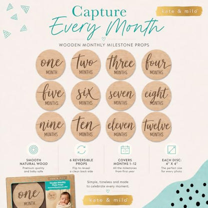 Kate & Milo Baby Monthly Milestone Marker Discs - Classic Cursive Script Wooden Discs with Reversible Photo Props for Baby Announcement and Milestones, Gender-Neutral Gift for Newborn Boy and Girl