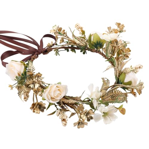 Vintage Rose Flower Crown - Golden Leaves White Classic Flower Headband Fairy Elegant Floral Headpiece for Women Girls Christmas Mucic Festivals Photo Prop - color: Gold