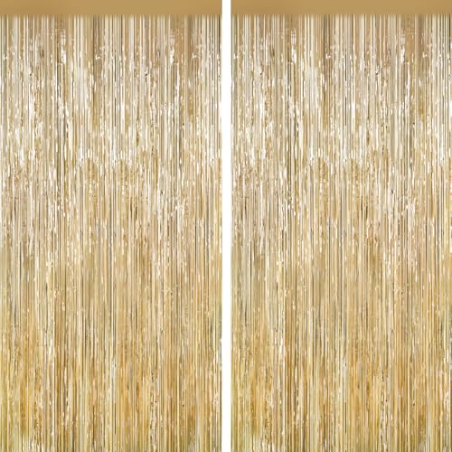Champagne Gold Tinsel Backdrop Foil Fringe Curtains - 2 Packs Door Streamers Backdrop for Birthday Door Decorations, Party Supplies for Bachelorette, Graduation, Christmas, Disco Decor - color: Champagne Gold