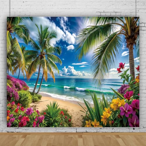 10x8ft Summer Hawaiian Beach Backdrop, Blue Sky White Clouds, Tropical Flowers and Palm Trees Vinyl Background for Luau Aloha Party Decoration Supplies