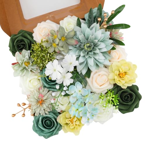 Floweroyal Artificial Flowers Combo Green Flowers Mix Silk Flowers Dahlia Roses with Stems for DIY Wedding Bridal Bouquets, Baby Shower, Floral Arrangement, Table Centerpieces, Home Decorations. - color: Emerald Green