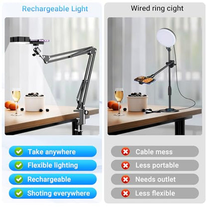 Overhead Phone Mount with Rechargeable Light for iPhone, Desk Tripod with Clamp for Content Creator Camera Recording, Top Down Holder Stand for Filming/Live/Cooking/Unboxing/Drawing/YouTube/TikTok